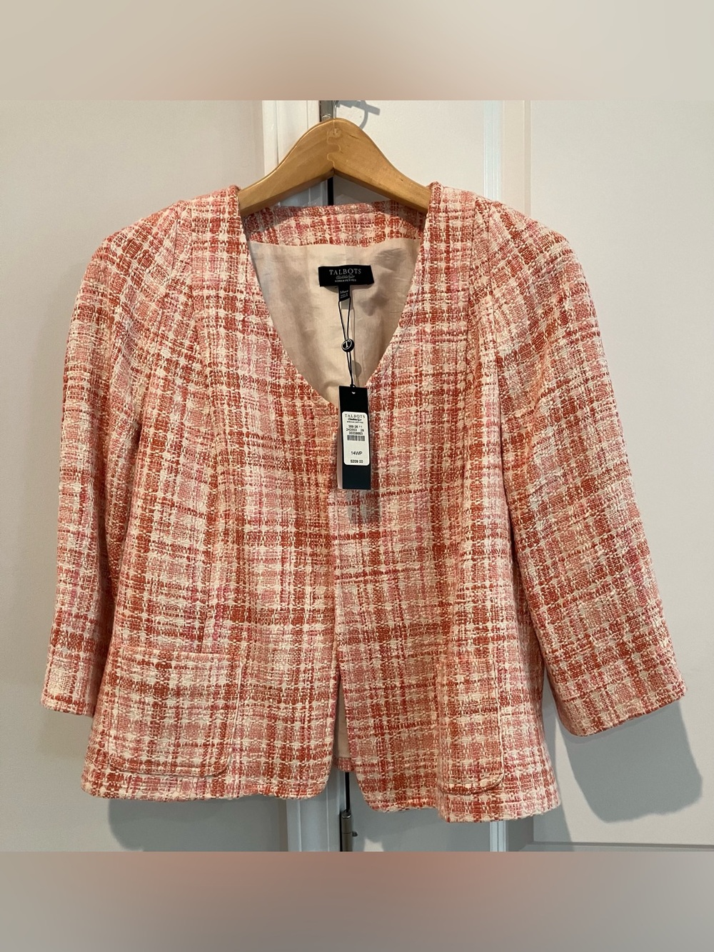 Talbots pink, orange, and white plaid boucle open jacket  14 WP    NWT